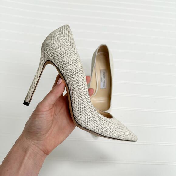 Jimmy Choo Romy 100 Embossed Leather Pumps Latte Cream Off White Heels 37 - Picture 5 of 10